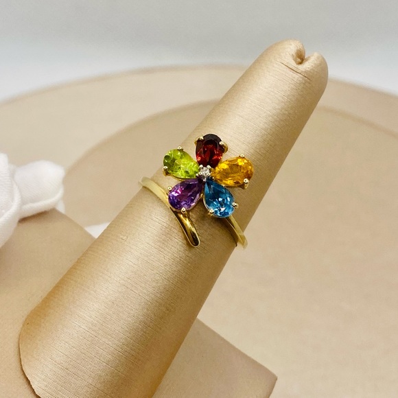 EUC Estate 10k Yellow Gold Genuine Multi-Colored Gemstone & Diamond Flower Ring - Picture 6 of 17